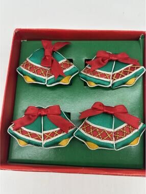 Vintage Green Satin Christmas Bells Napkin Rings Set 4 in Box 1980’s 1990’s